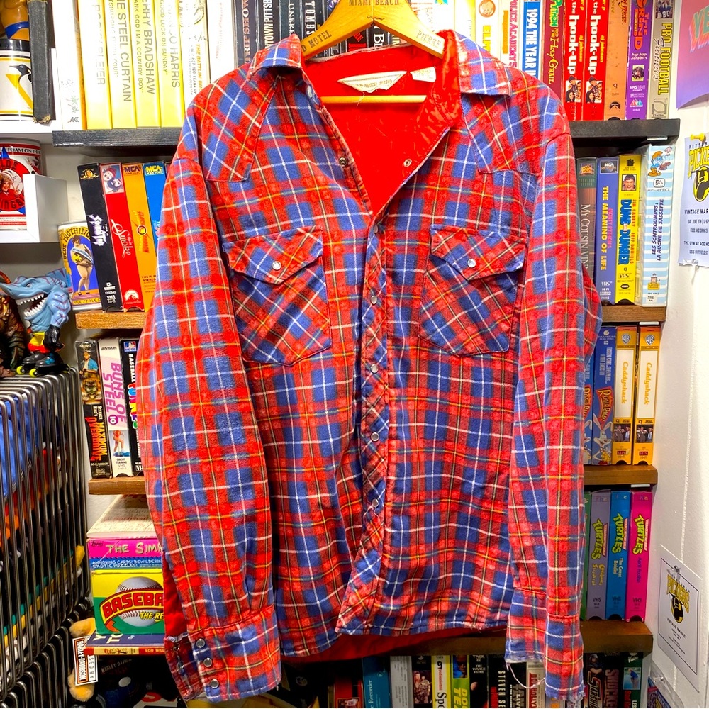 L VINTAGE WORN LINED FLANEL PLAID PEARL SNAP